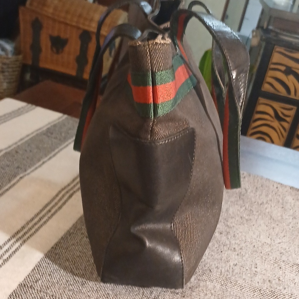 Authenti Gucci Web Sherry Line Shoulder Tote Bag Dark Gray And Black Canvas - Picture 4 of 15